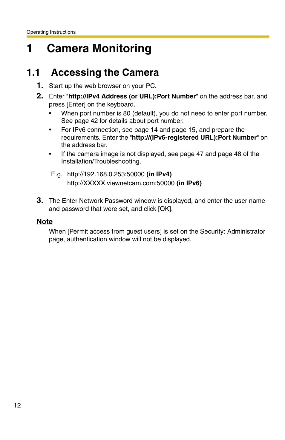 1 camera monitoring, 1 accessing the camera, 1camera monitoring | Panasonic BB-HCM331A User Manual | Page 12 / 150