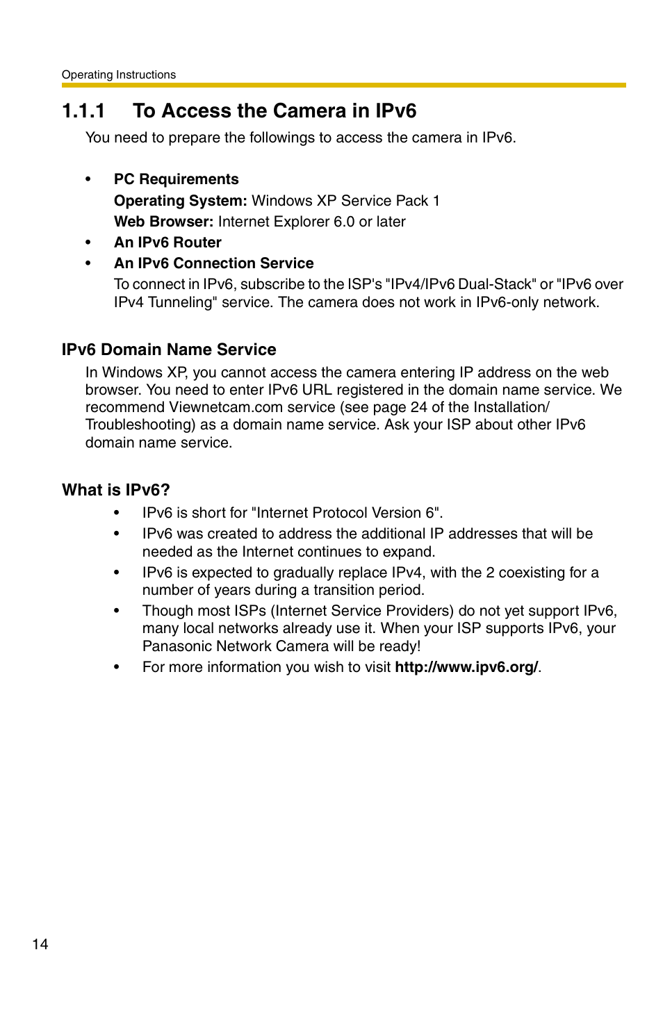 1 to access the camera in ipv6 | Panasonic BB-HCM331A User Manual | Page 14 / 150