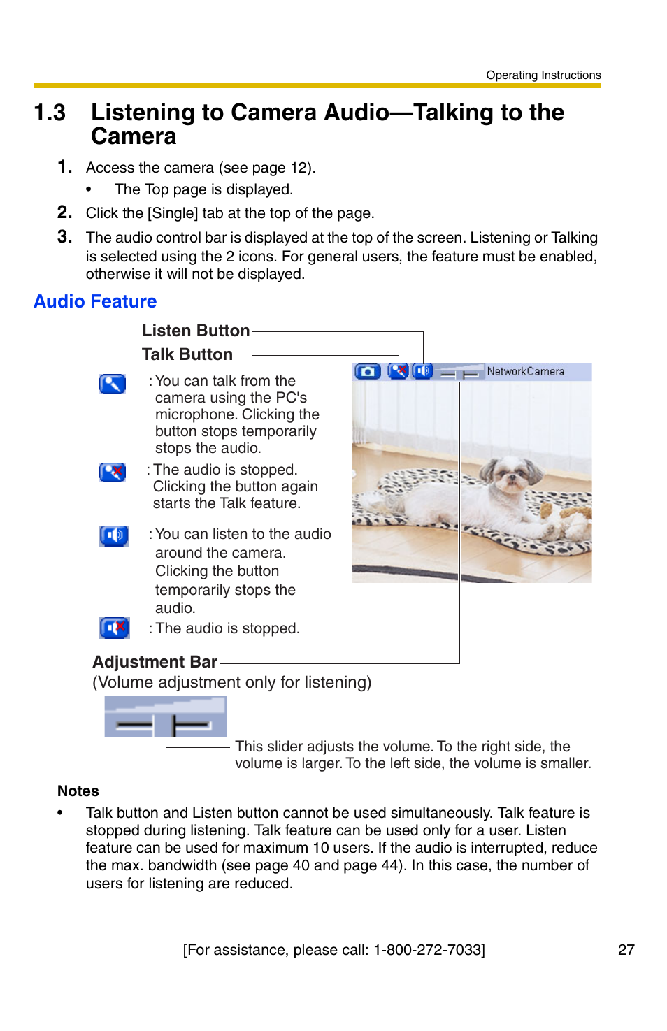 3 listening to camera audio-talking to the camera, Ge 27, 3 listening to camera audio—talking to the camera | Panasonic BB-HCM331A User Manual | Page 27 / 150