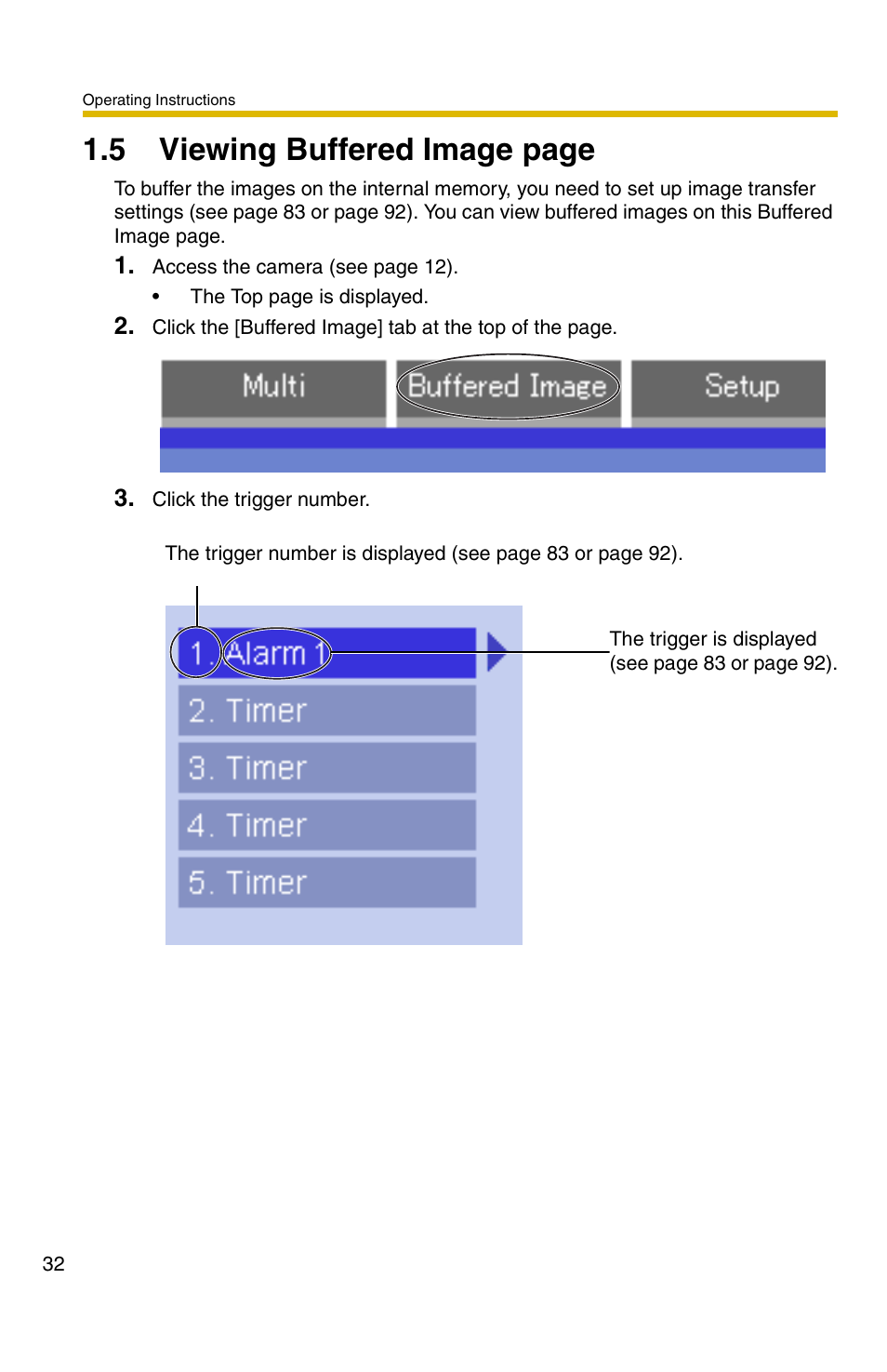 E 32, 5 viewing buffered image page | Panasonic BB-HCM331A User Manual | Page 32 / 150