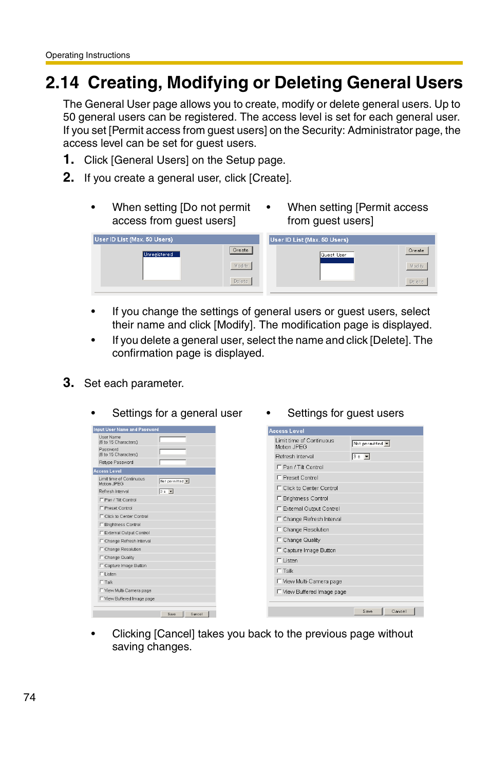 14 creating, modifying or deleting general users | Panasonic BB-HCM331A User Manual | Page 74 / 150