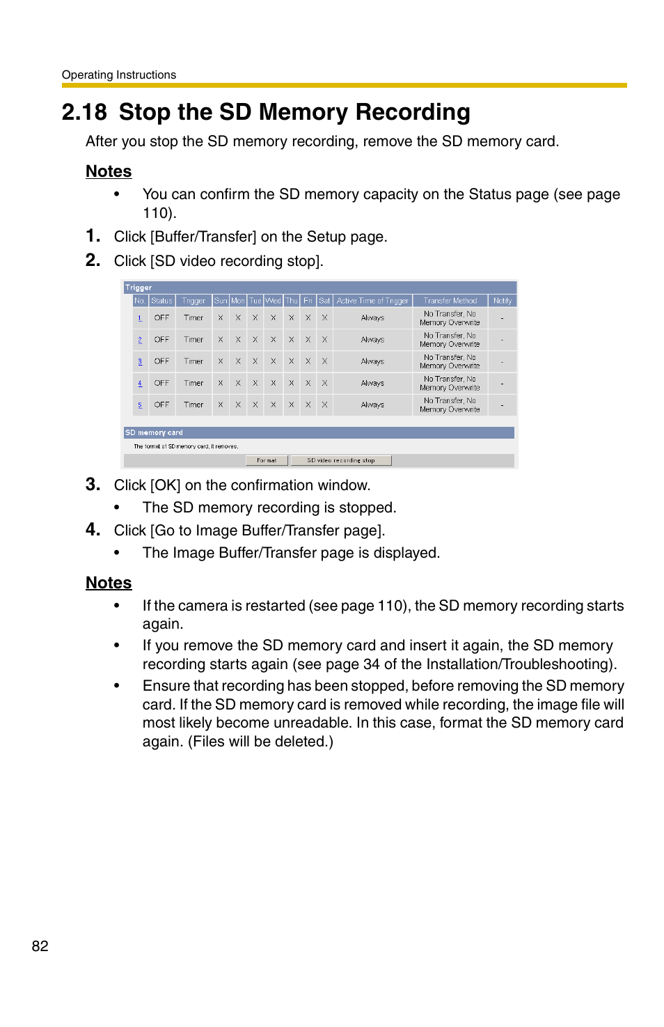 18 stop the sd memory recording | Panasonic BB-HCM331A User Manual | Page 82 / 150