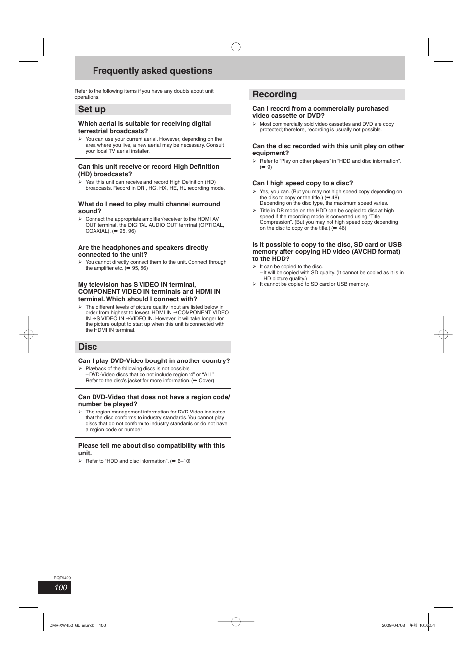 Frequently asked questions, Set up, Disc | Recording | Panasonic DMR-XW350 User Manual | Page 100 / 120