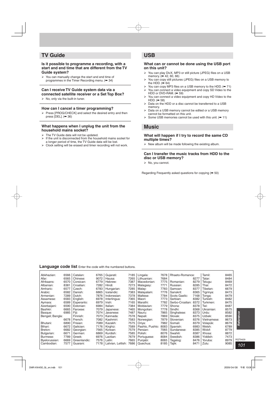 Tv guide, Music, Language code list | Panasonic DMR-XW350 User Manual | Page 101 / 120