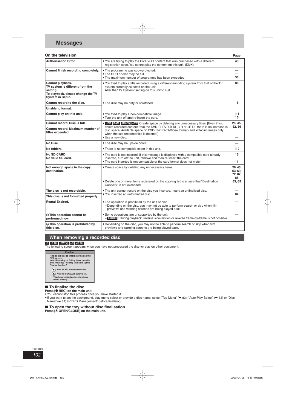 Messages, When removing a recorded disc | Panasonic DMR-XW350 User Manual | Page 102 / 120