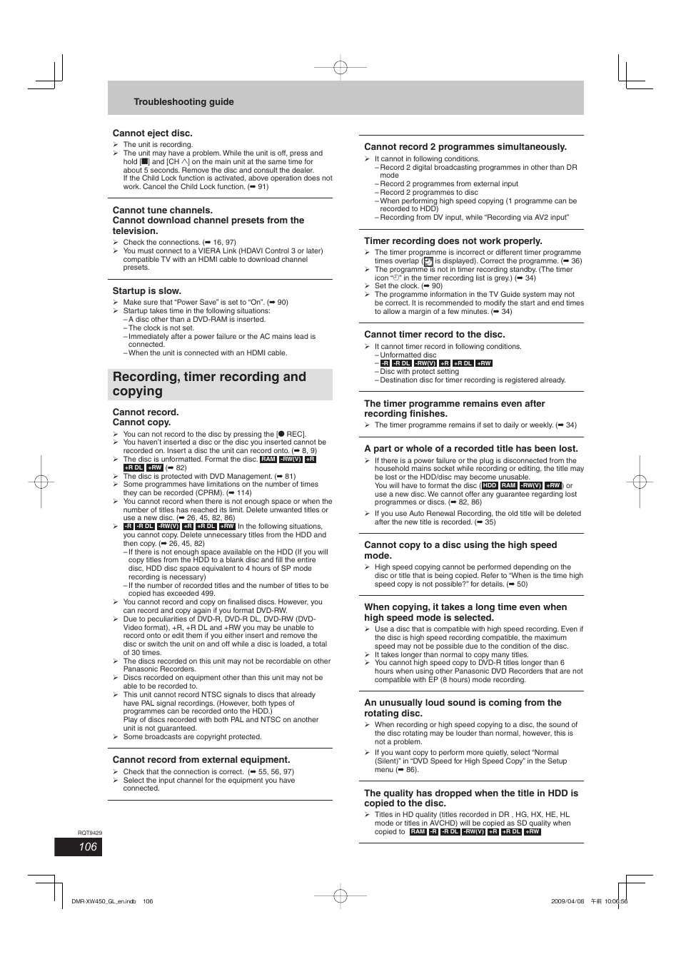 Recording, timer recording and copying | Panasonic DMR-XW350 User Manual | Page 106 / 120