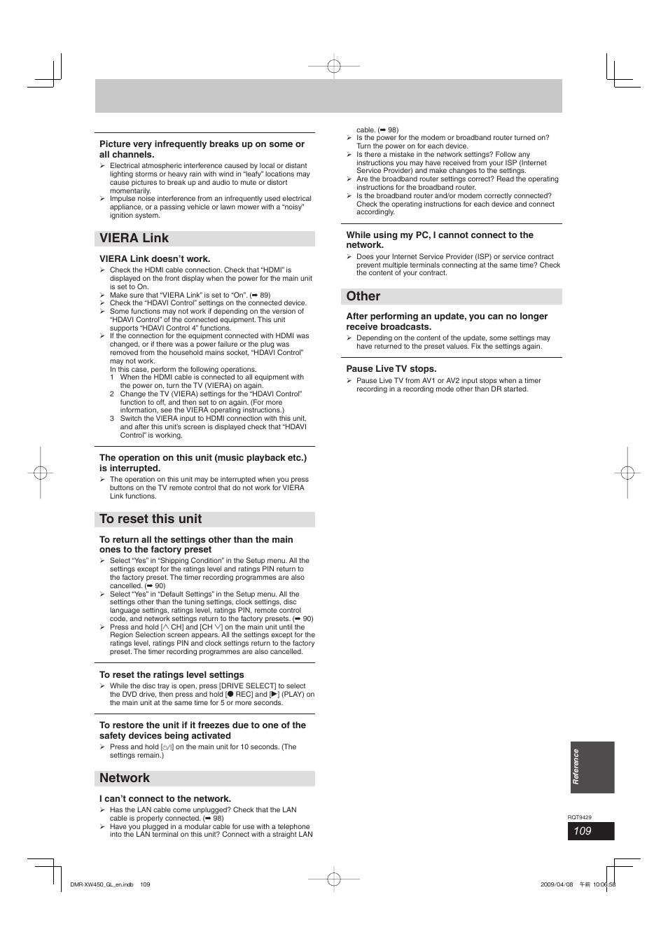 Viera link, Network, Other | Panasonic DMR-XW350 User Manual | Page 109 / 120