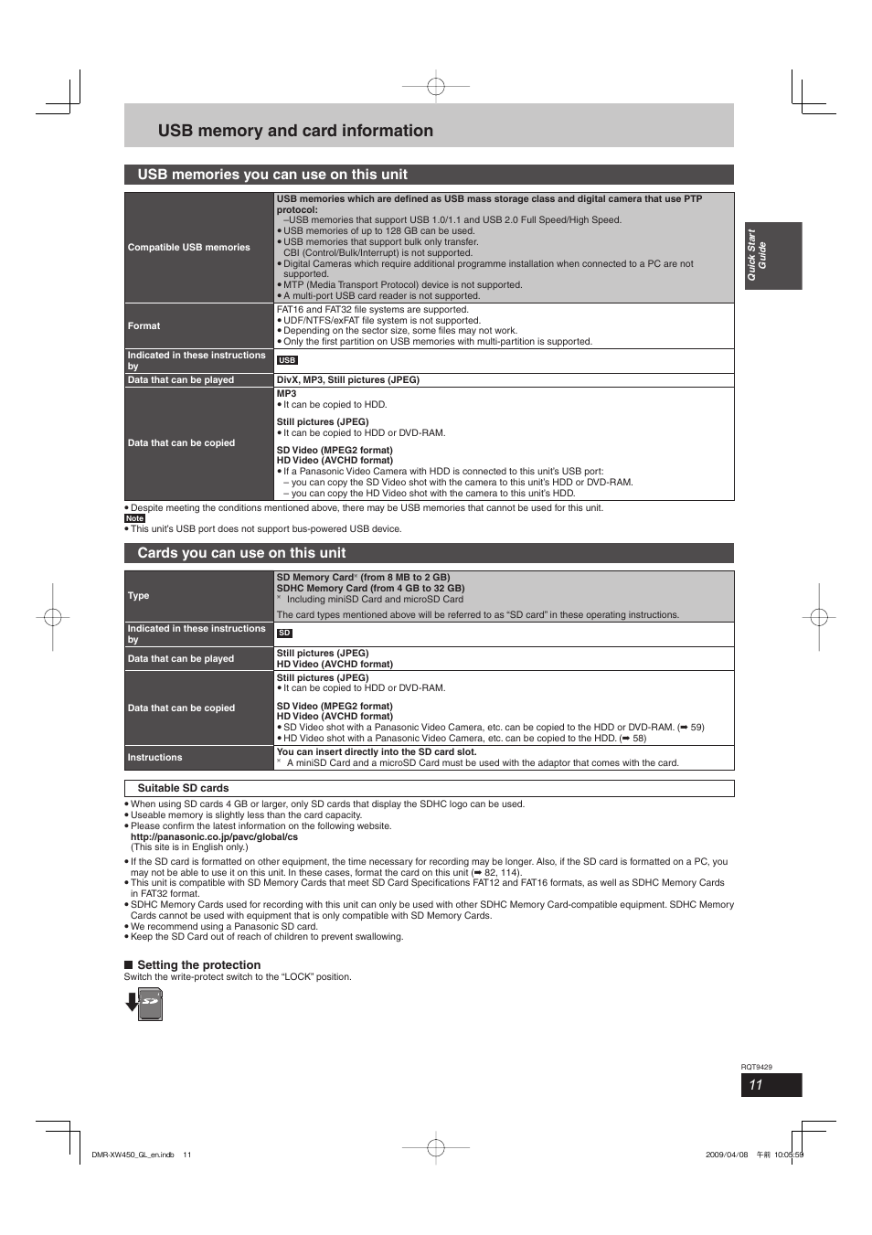 Cards you can use on this unit, Kc o l | Panasonic DMR-XW350 User Manual | Page 11 / 120