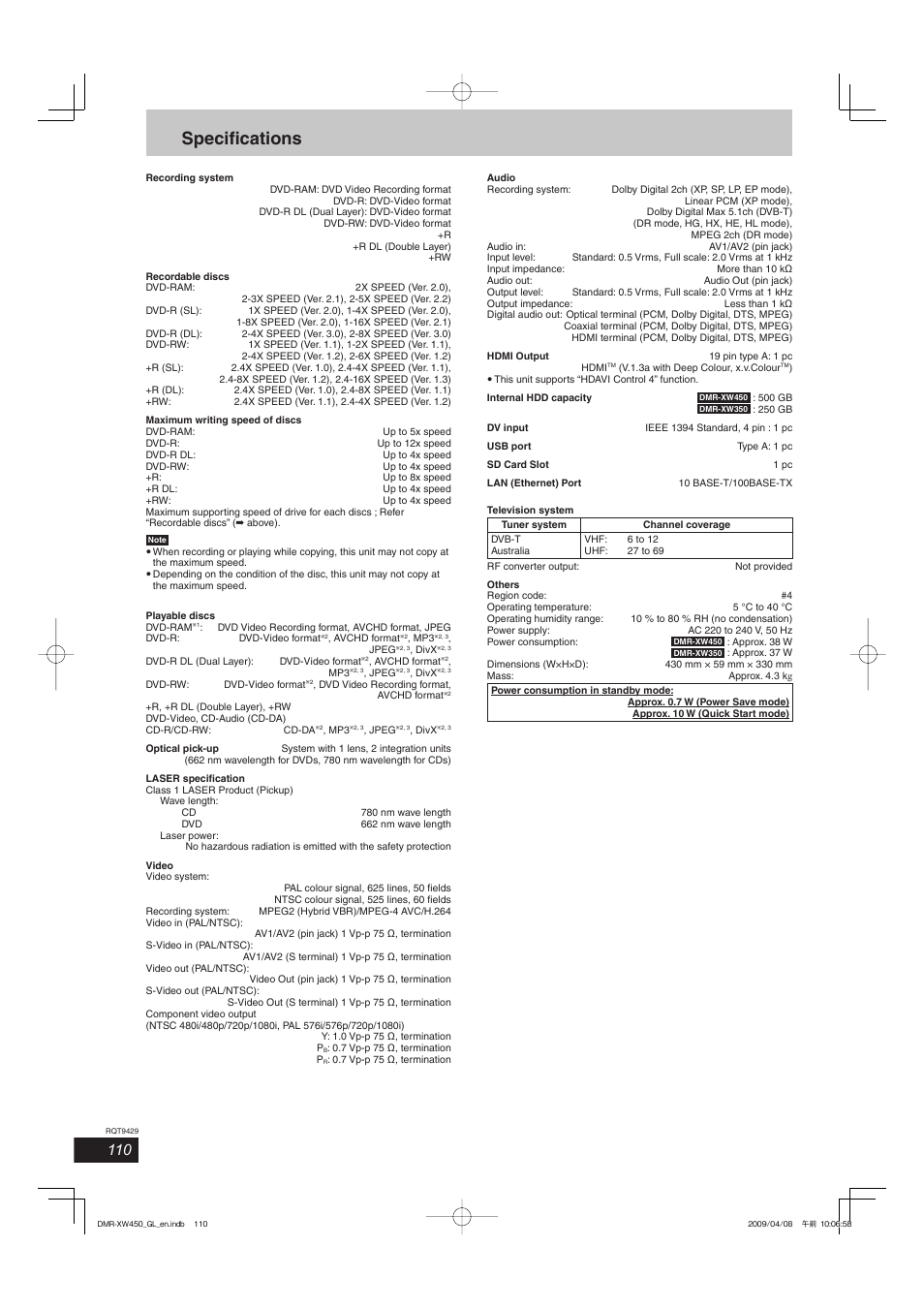 Specifi cations | Panasonic DMR-XW350 User Manual | Page 110 / 120