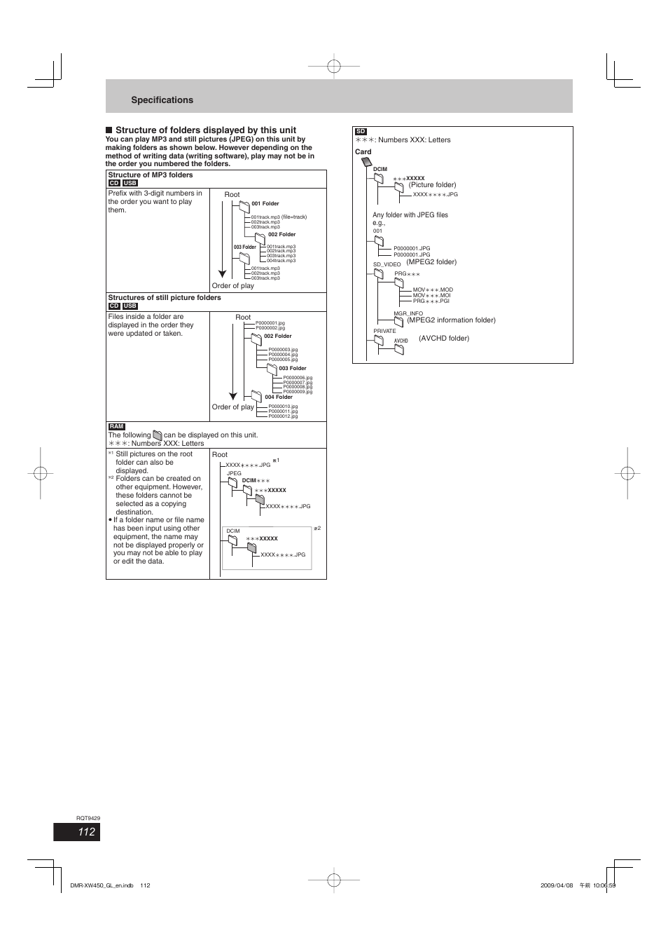 Structure of folders displayed by this unit, Specifi cations | Panasonic DMR-XW350 User Manual | Page 112 / 120