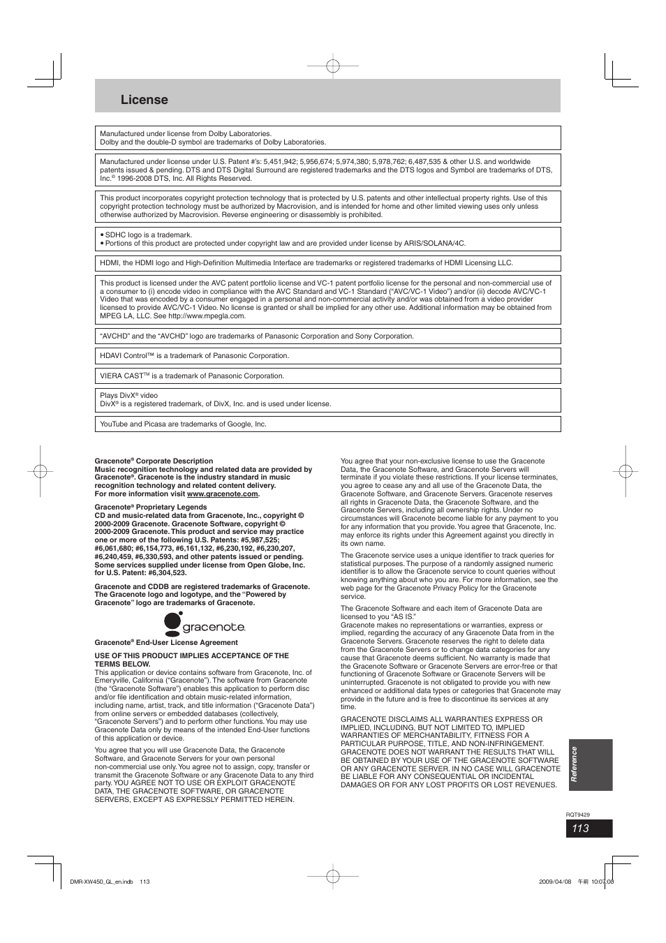 License | Panasonic DMR-XW350 User Manual | Page 113 / 120