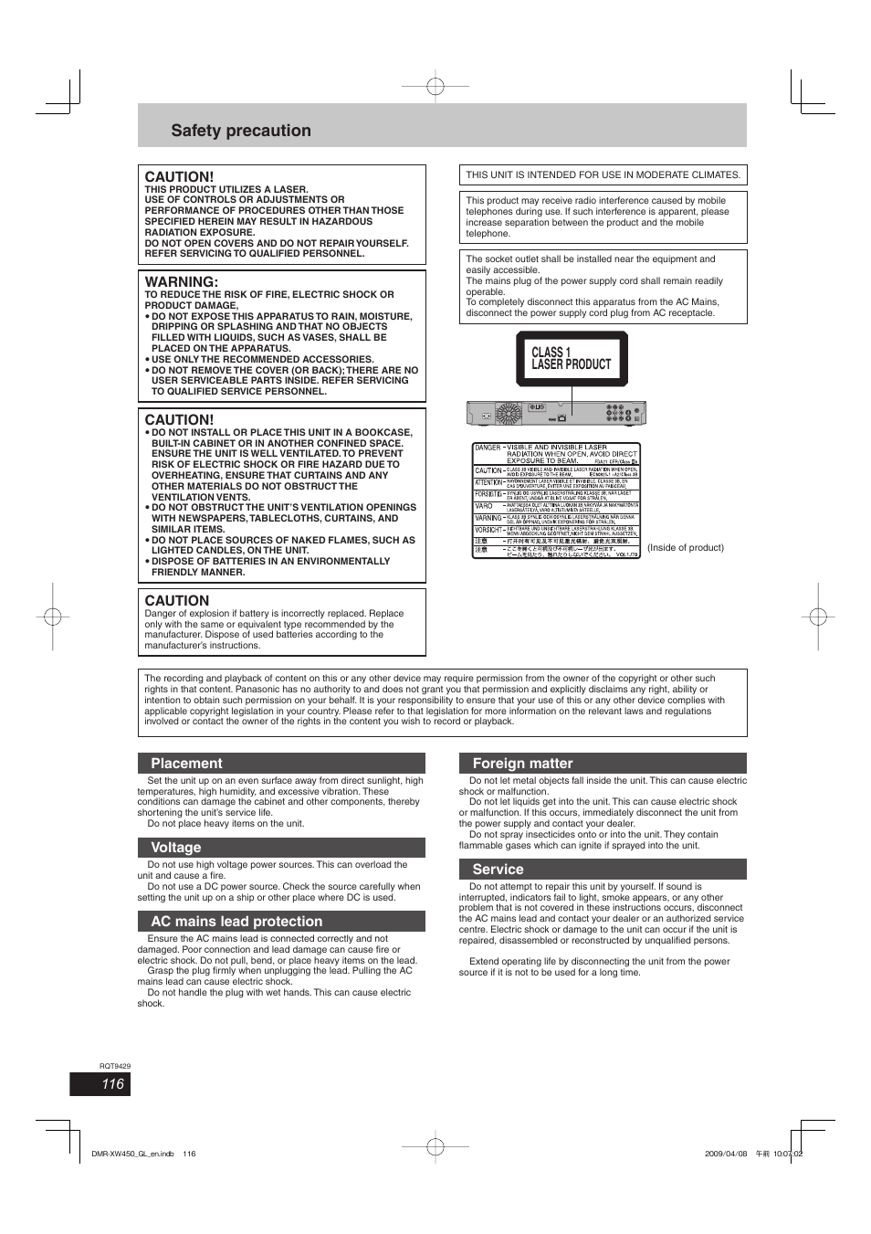 Safety precaution, Caution, Warning | Class 1 laser product, Placement, Voltage, Ac mains lead protection, Foreign matter, Service | Panasonic DMR-XW350 User Manual | Page 116 / 120
