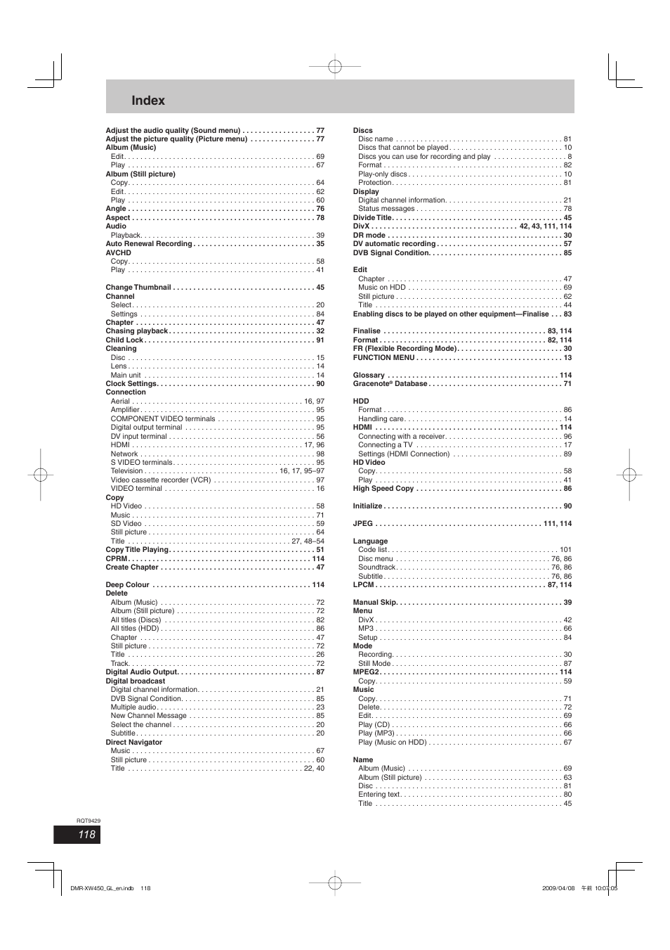 Index | Panasonic DMR-XW350 User Manual | Page 118 / 120