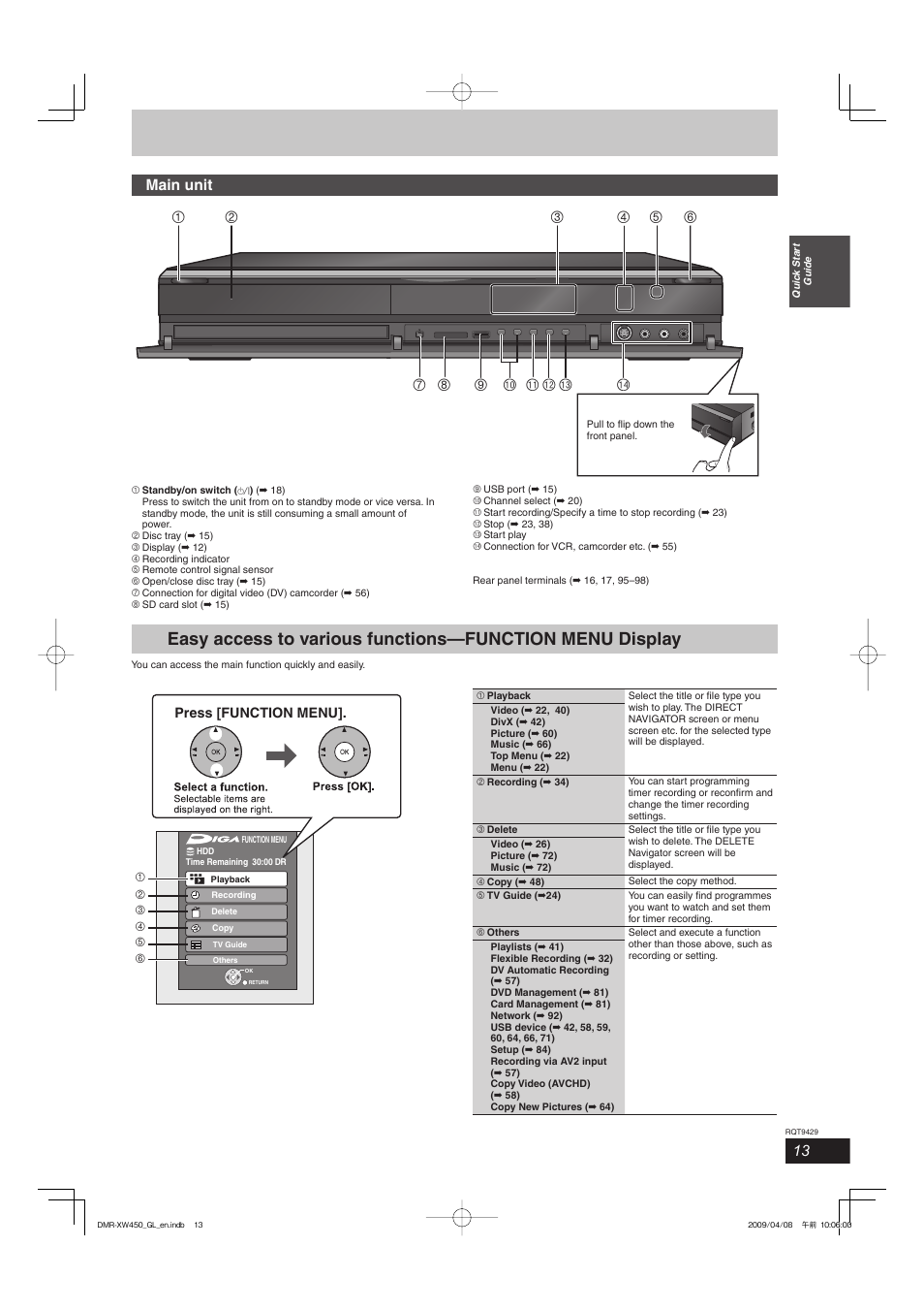 Main unit, Press [function menu | Panasonic DMR-XW350 User Manual | Page 13 / 120