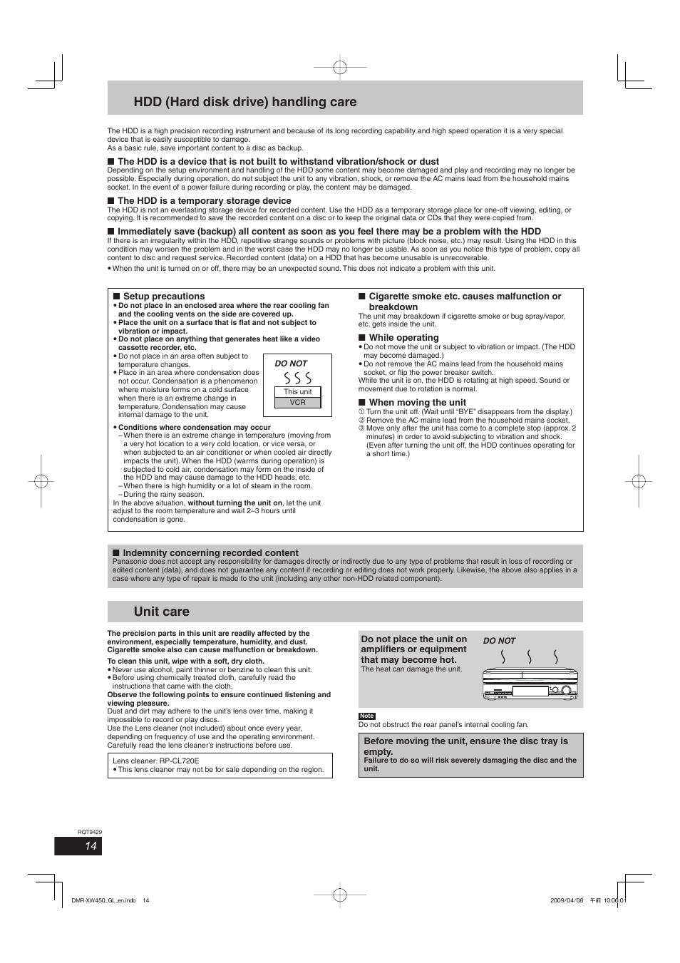 Hdd (hard disk drive) handling care, Unit care | Panasonic DMR-XW350 User Manual | Page 14 / 120