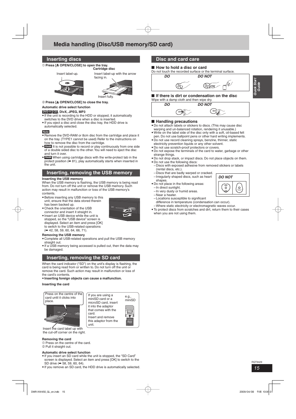 Inserting discs, Inserting, removing the sd card, Disc and card care | Panasonic DMR-XW350 User Manual | Page 15 / 120