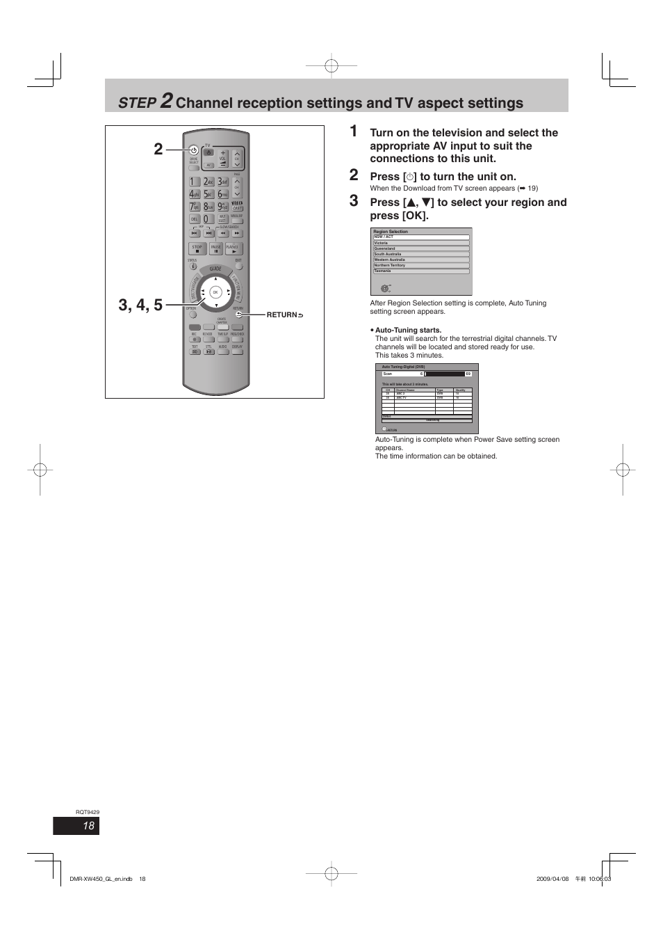 Step, Channel reception settings and tv aspect settings, Press [ ^ ] to turn the unit on | Panasonic DMR-XW350 User Manual | Page 18 / 120