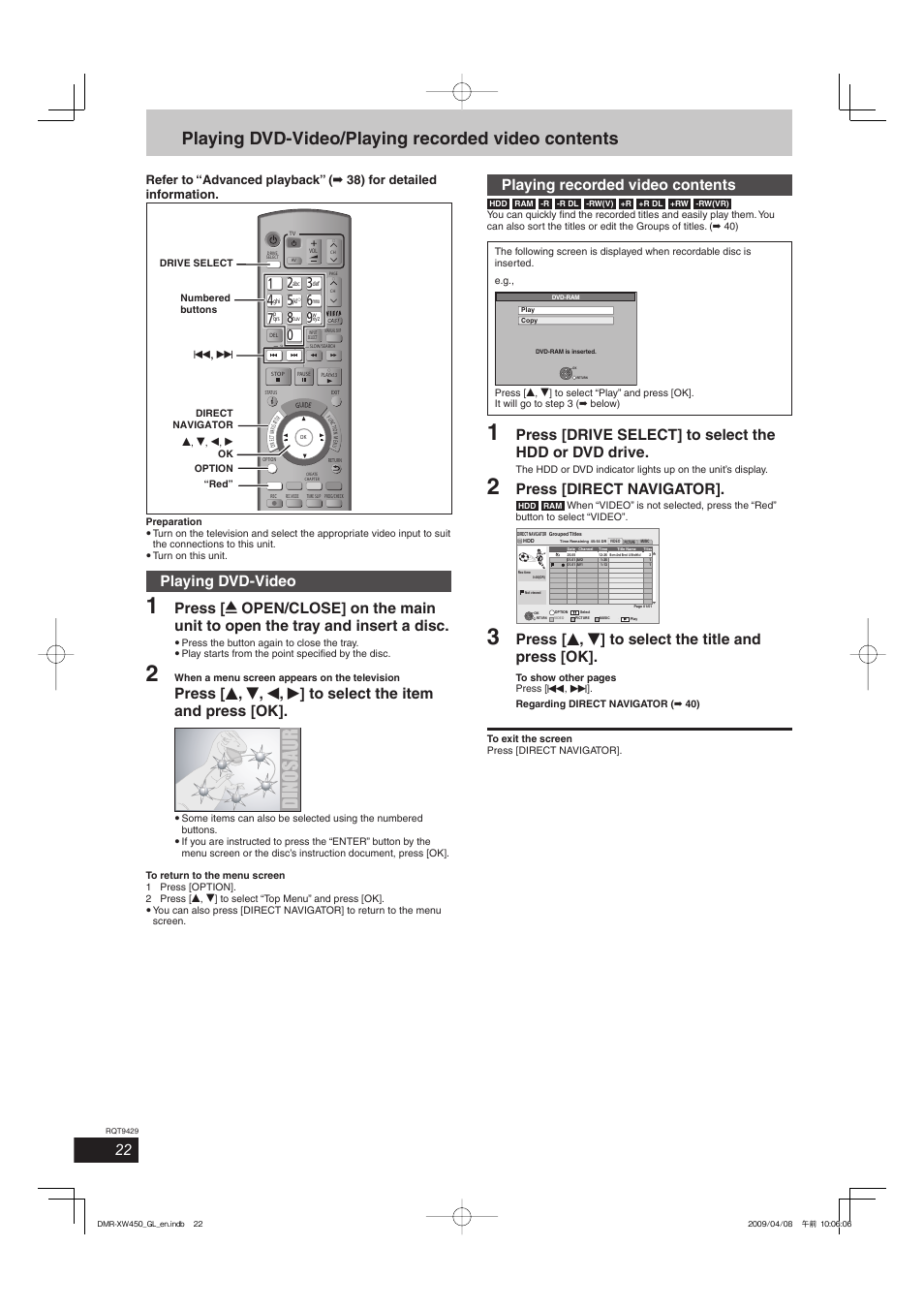 Playing dvd-video/playing recorded video contents, Playing dvd-video, Playing recorded video contents | Press [direct navigator, Press [ e , r ] to select the title and press [ok | Panasonic DMR-XW350 User Manual | Page 22 / 120