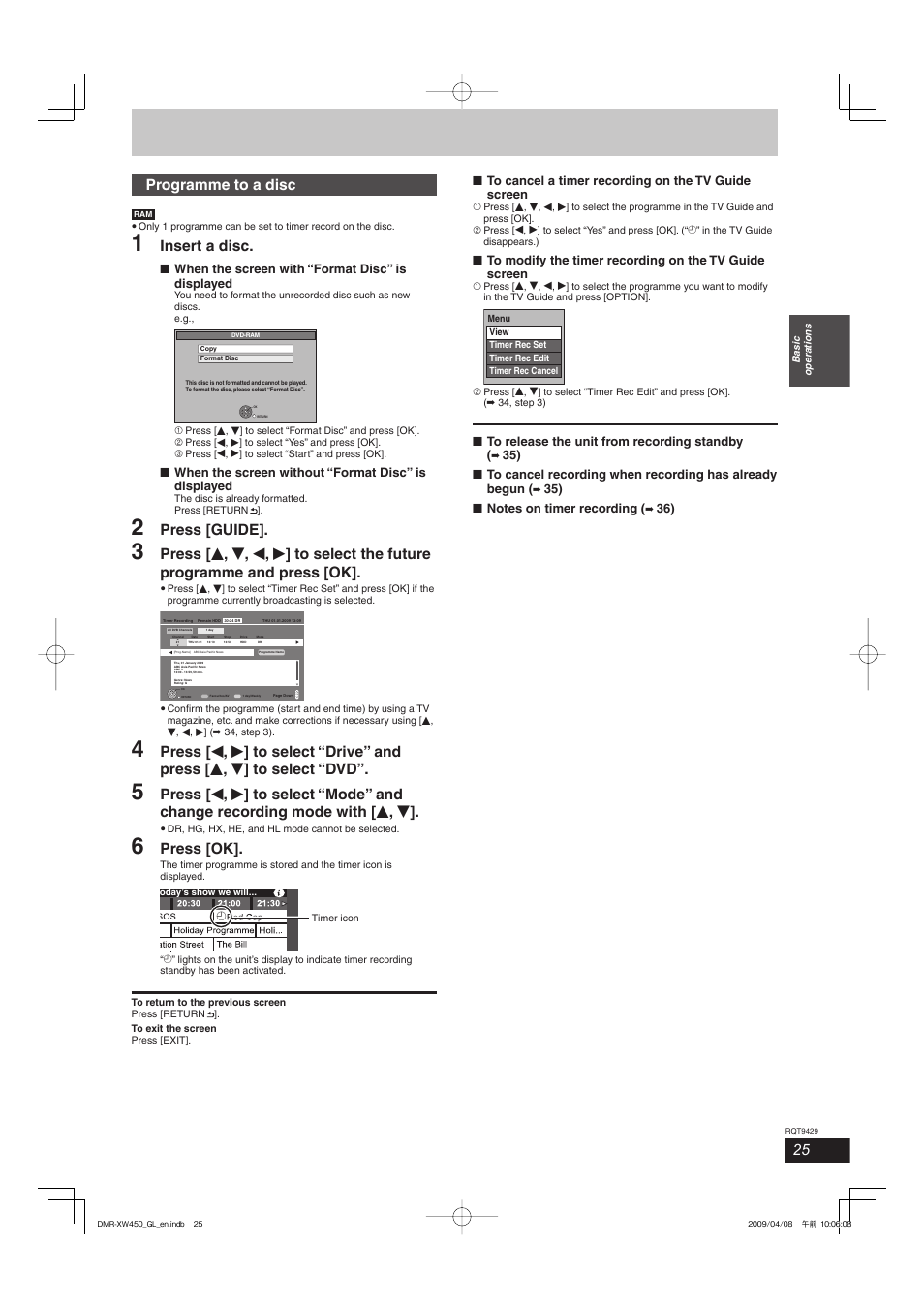 Programme to a disc, Insert a disc, Press [guide | Press [ok | Panasonic DMR-XW350 User Manual | Page 25 / 120