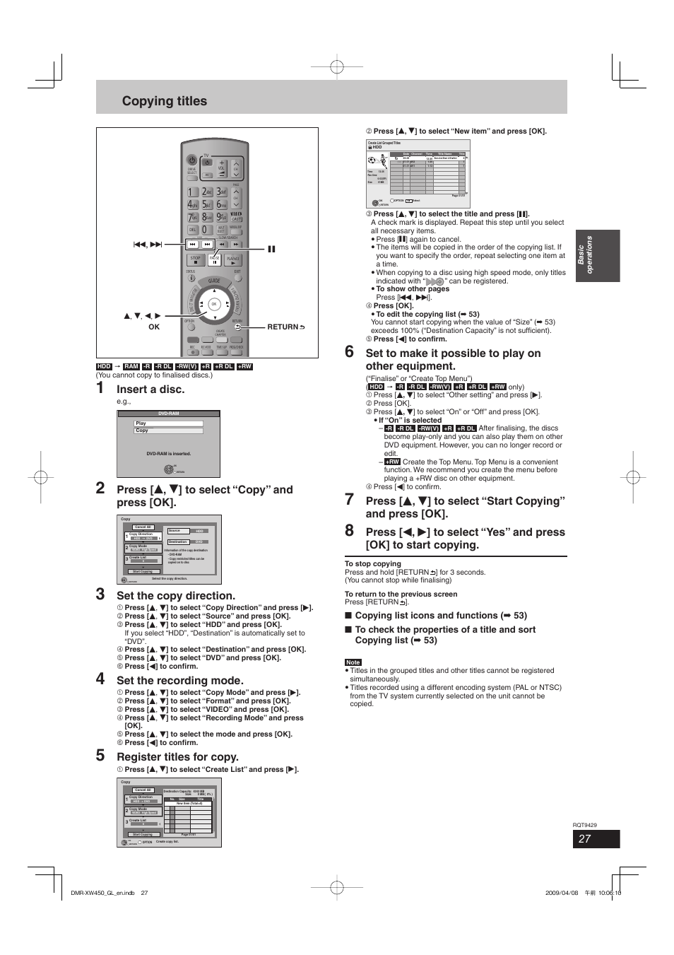 Copying titles, Insert a disc, Press [ e , r ] to select “copy” and press [ok | Set the copy direction, Set the recording mode, Register titles for copy, Set to make it possible to play on other equipment | Panasonic DMR-XW350 User Manual | Page 27 / 120