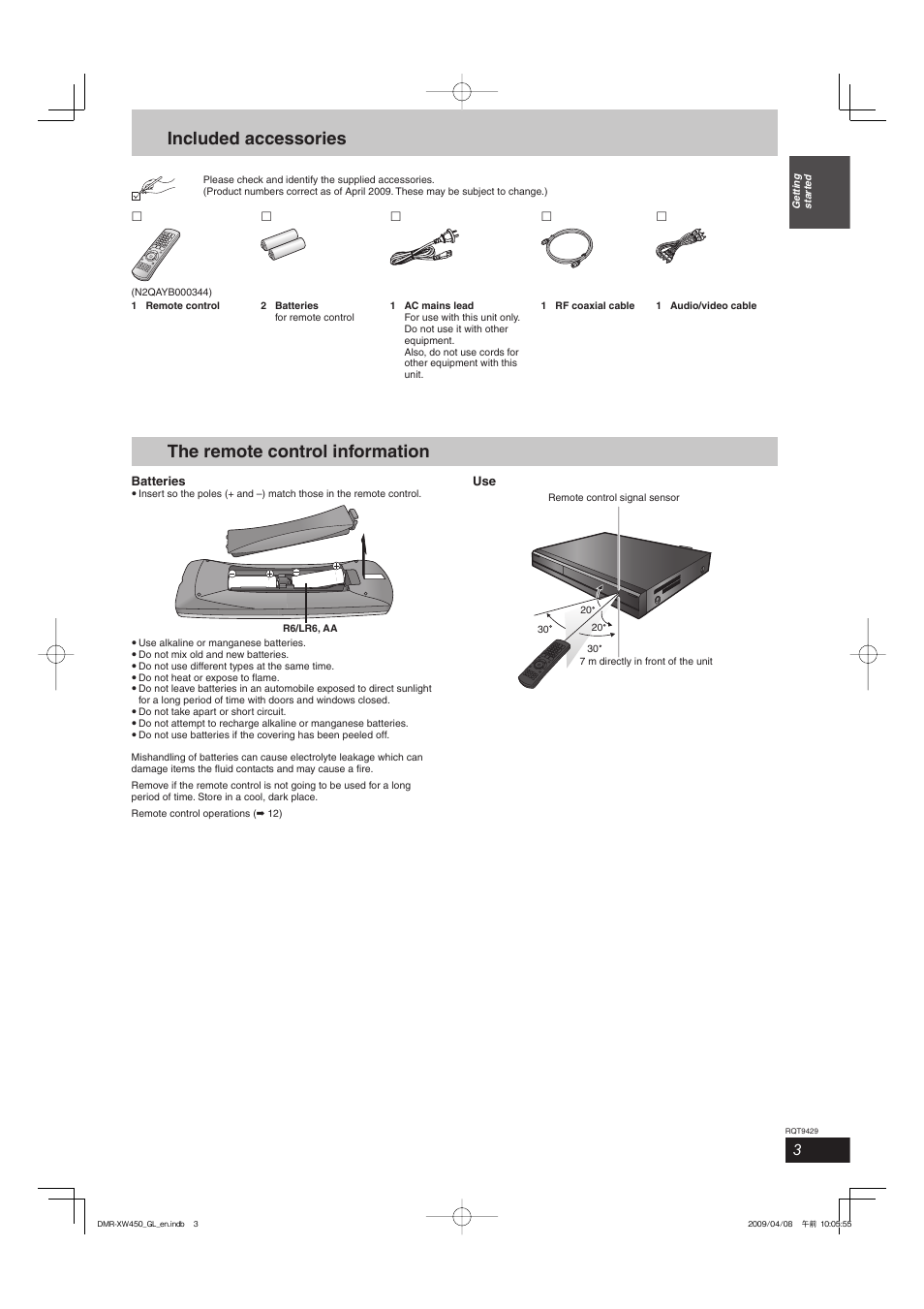 The remote control information, Included accessories | Panasonic DMR-XW350 User Manual | Page 3 / 120