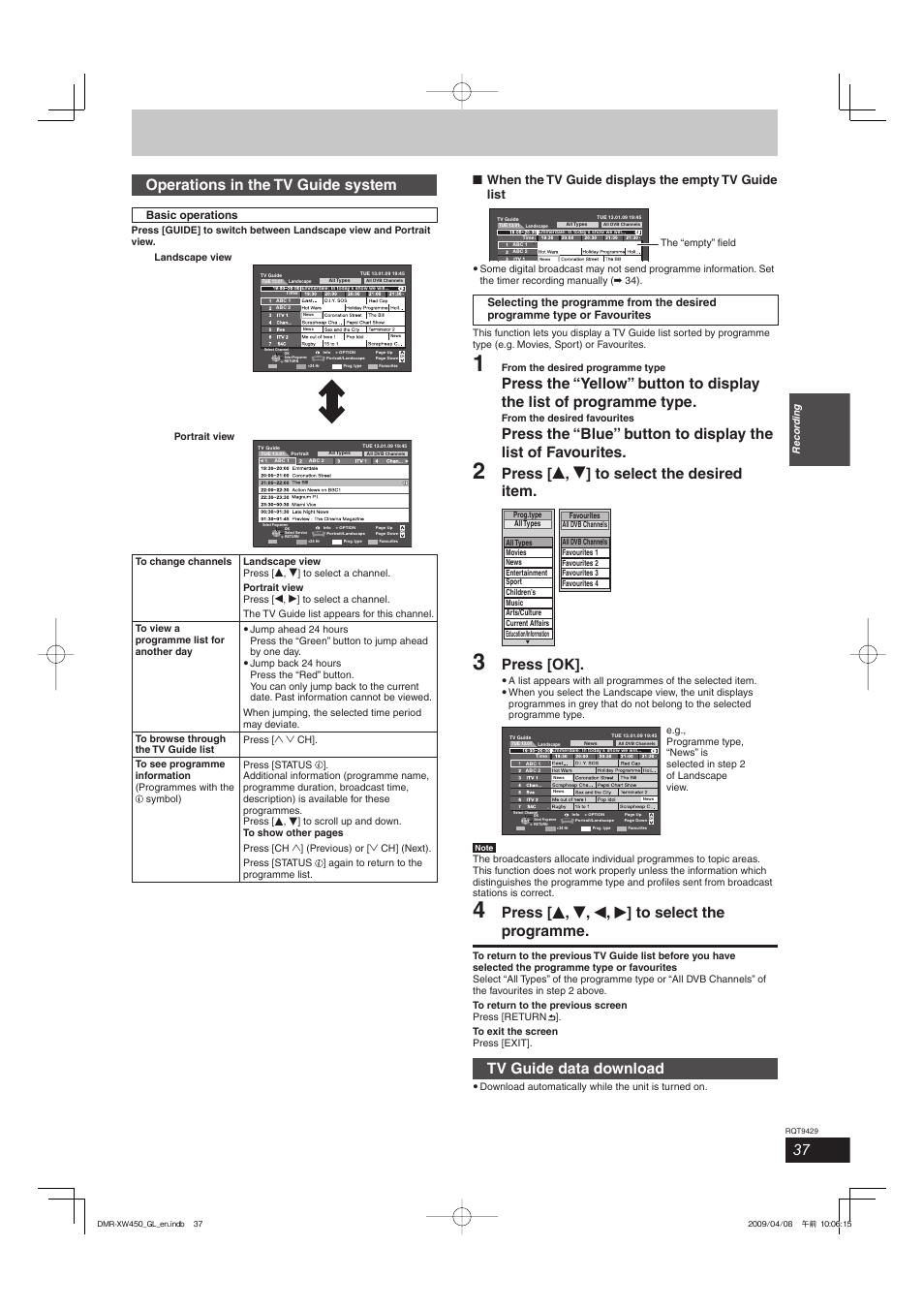 Operations in the tv guide system, Press [ e , r ] to select the desired item, Press [ok | Press [ e , r , w , q ] to select the programme, Tv guide data download, When the tv guide displays the empty tv guide list | Panasonic DMR-XW350 User Manual | Page 37 / 120