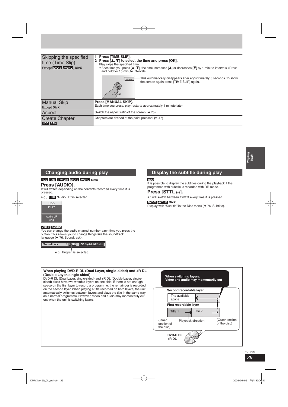 Skipping the specifi ed time (time slip), Manual skip, Aspect | Create chapter, Changing audio during play, Press [audio, Display the subtitle during play, Press [sttl | Panasonic DMR-XW350 User Manual | Page 39 / 120