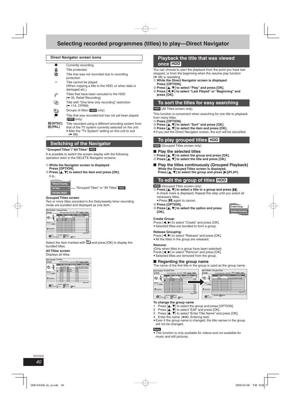 Switching of the navigator, Playback the title that was viewed once, Play the selected titles | Play the titles continuously (grouped playback), Regarding the group name, Direct navigator screen icons | Panasonic DMR-XW350 User Manual | Page 40 / 120