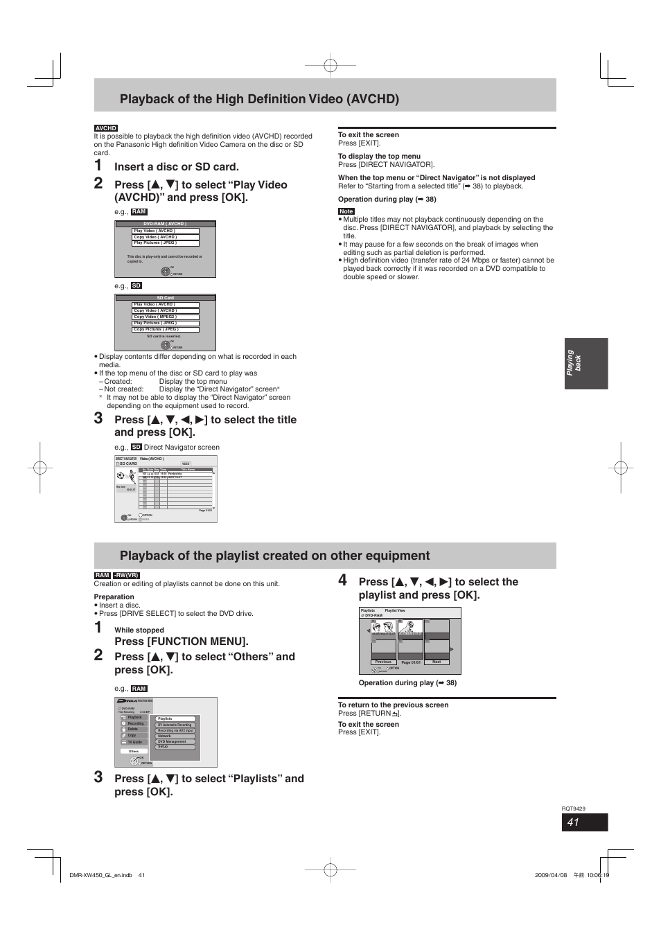 Playback of the high defi nition video (avchd), Insert a disc or sd card, Press [function menu | Press [ e , r ] to select “others” and press [ok | Panasonic DMR-XW350 User Manual | Page 41 / 120