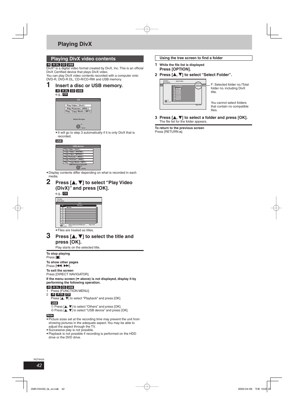 Playing divx, Playing divx video contents, Press [ e , r ] to select the title and press [ok | 3 press [ e , r ] to select a folder and press [ok | Panasonic DMR-XW350 User Manual | Page 42 / 120