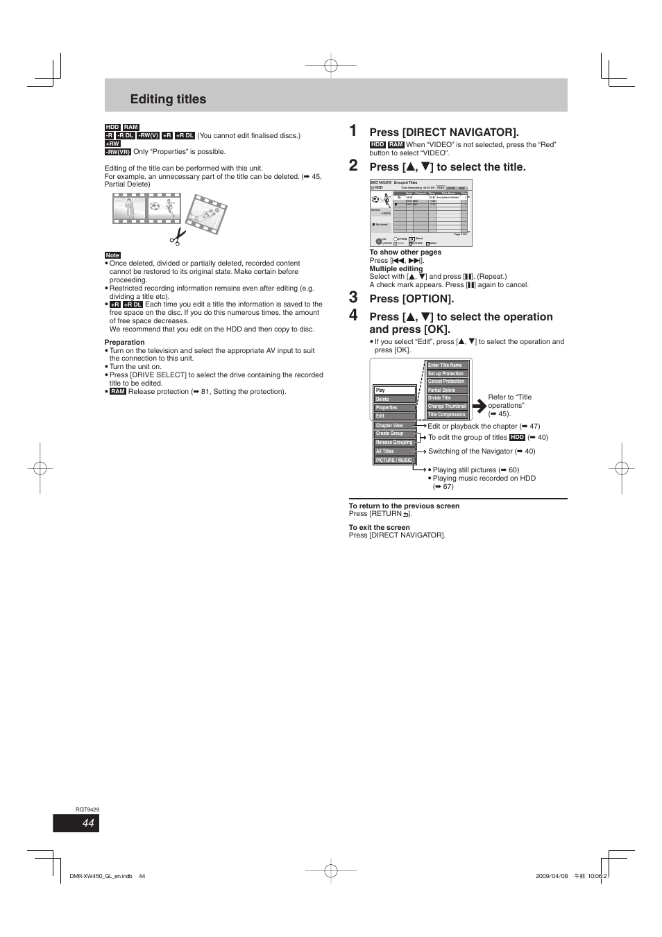 Editing titles, Press [direct navigator, Press [ e , r ] to select the title | Press [option | Panasonic DMR-XW350 User Manual | Page 44 / 120