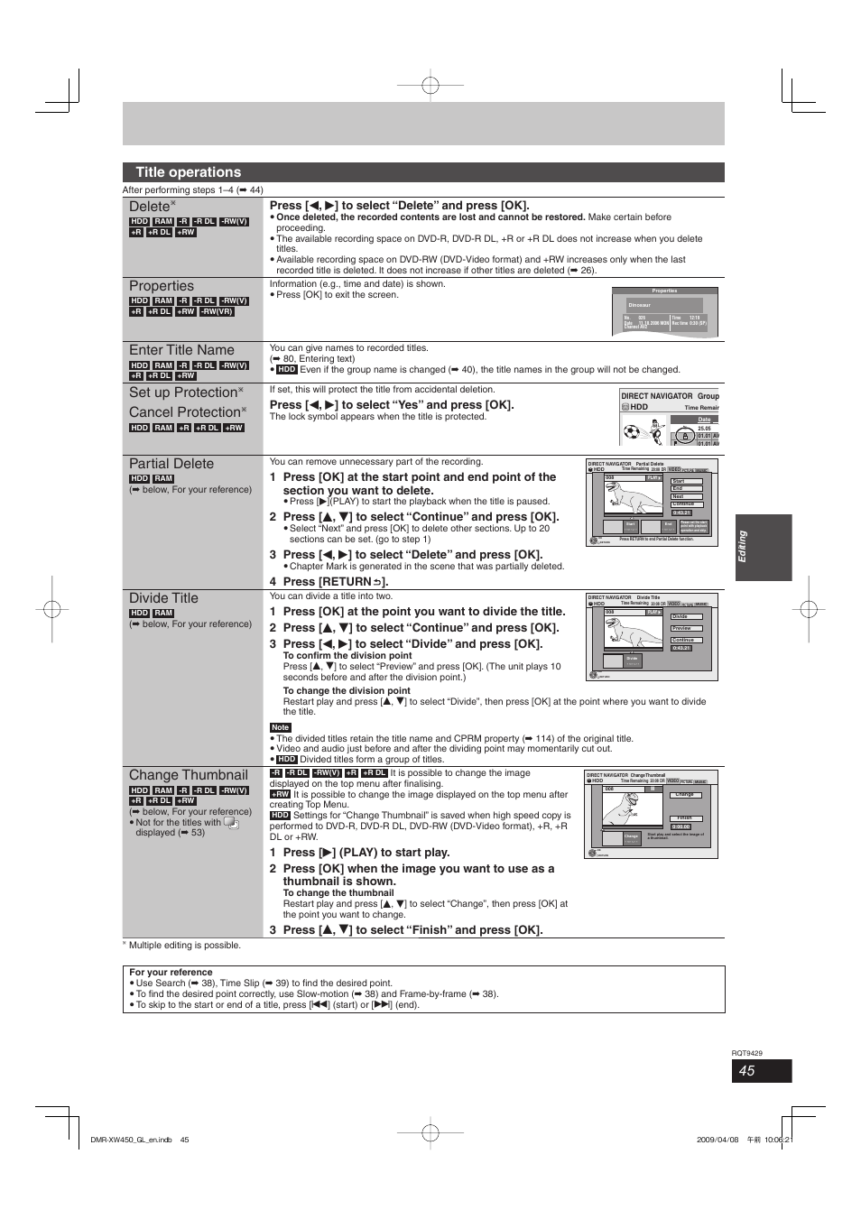 Title operations, Delete, Properties | Enter title name, Set up protection cancel protection, Partial delete, Divide title, Change thumbnail, Press [ w , q ] to select “delete” and press [ok, Press [ w , q ] to select “yes” and press [ok | Panasonic DMR-XW350 User Manual | Page 45 / 120