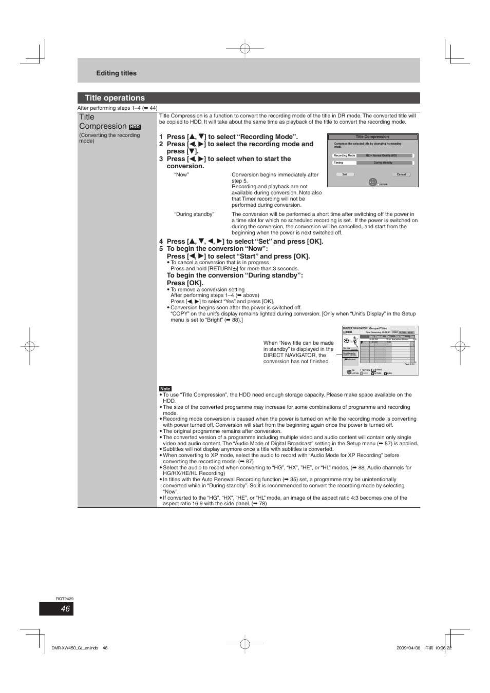 Title operations, Title compression, Editing titles | Panasonic DMR-XW350 User Manual | Page 46 / 120