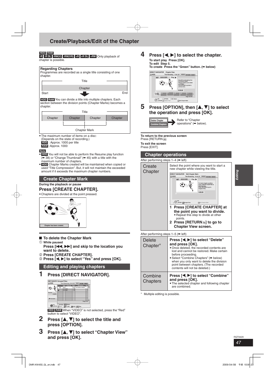 Create/playback/edit of the chapter, Create chapter mark, Press [create chapter | Editing and playing chapters, Press [direct navigator, Press [ w , q ] to select the chapter, Chapter operations, Create chapter, Delete chapter, Combine chapters | Panasonic DMR-XW350 User Manual | Page 47 / 120