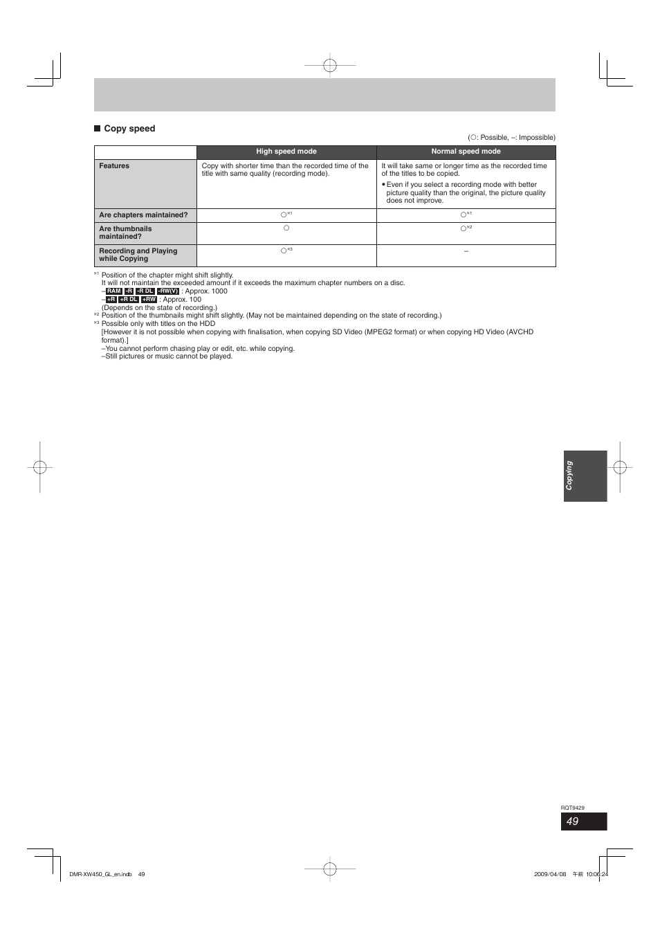 Copy speed | Panasonic DMR-XW350 User Manual | Page 49 / 120