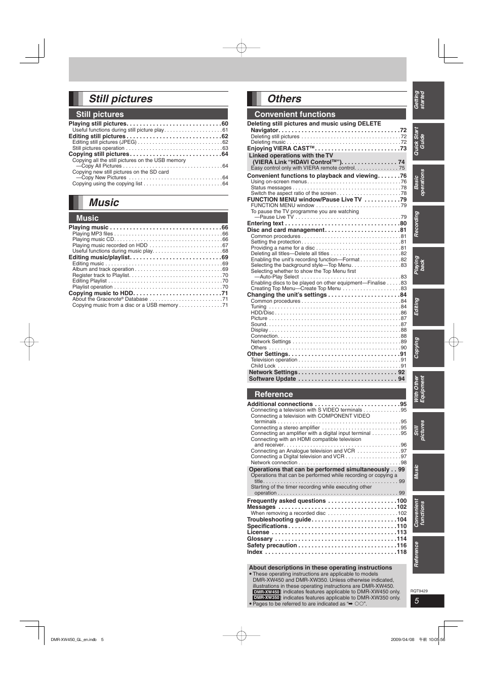 Still pictures, Music, Others | Convenient functions, Reference | Panasonic DMR-XW350 User Manual | Page 5 / 120