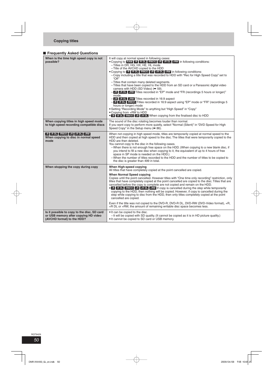 Frequently asked questions, Copying titles | Panasonic DMR-XW350 User Manual | Page 50 / 120