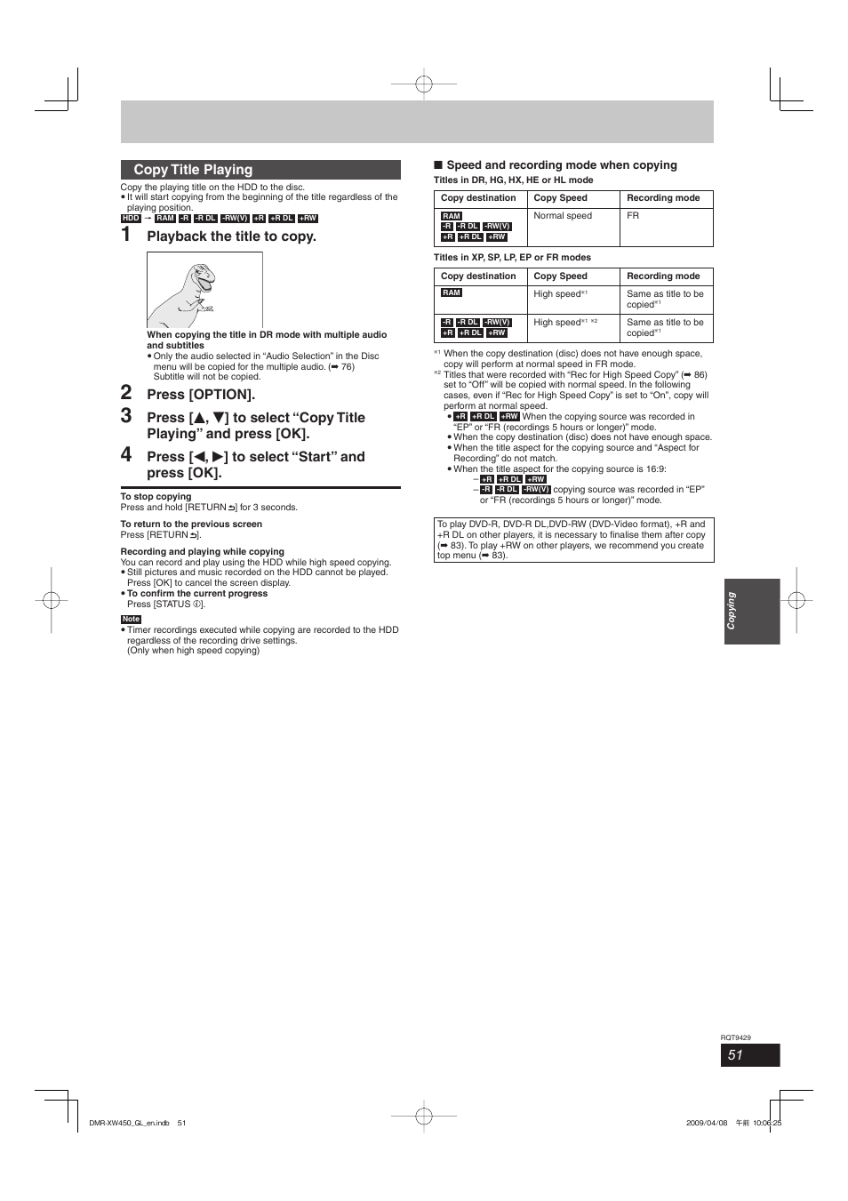 Copy title playing, Playback the title to copy, Press [option | Press [ w , q ] to select “start” and press [ok | Panasonic DMR-XW350 User Manual | Page 51 / 120