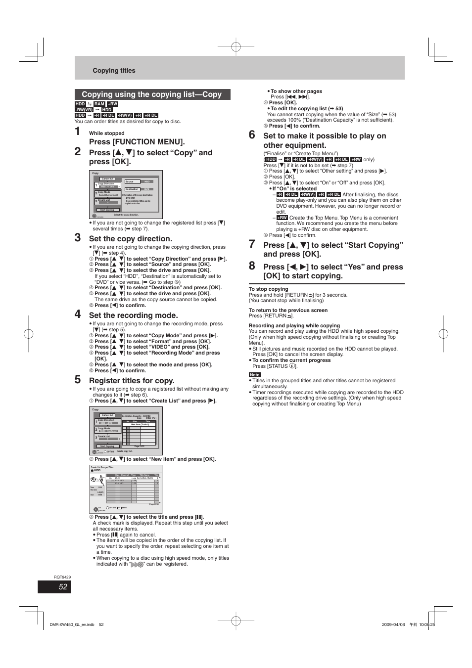 Copying using the copying list—copy, Press [function menu, Press [ e , r ] to select “copy” and press [ok | Set the copy direction, Set the recording mode, Register titles for copy, Set to make it possible to play on other equipment, Copying titles | Panasonic DMR-XW350 User Manual | Page 52 / 120