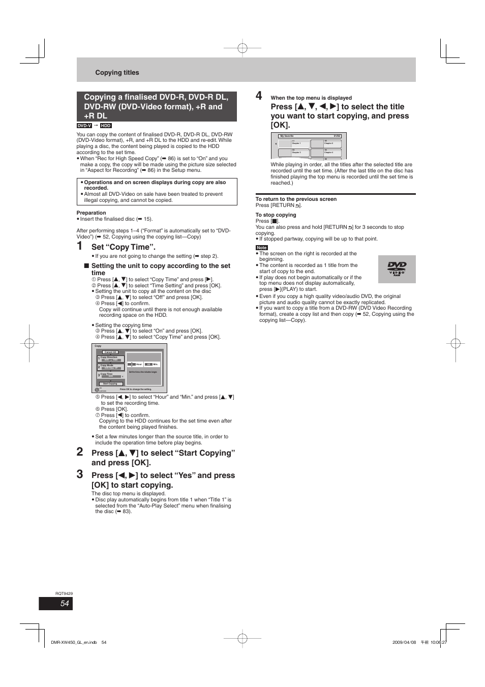 Set “copy time, Setting the unit to copy according to the set time, Copying titles | Panasonic DMR-XW350 User Manual | Page 54 / 120