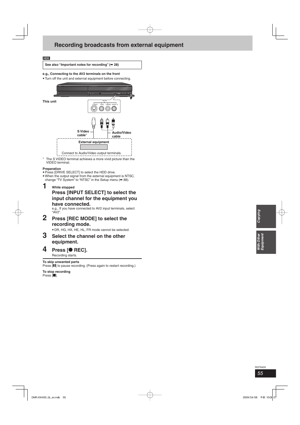 Recording broadcasts from external equipment, Press [rec mode] to select the recording mode, Select the channel on the other equipment | Press [ * rec | Panasonic DMR-XW350 User Manual | Page 55 / 120