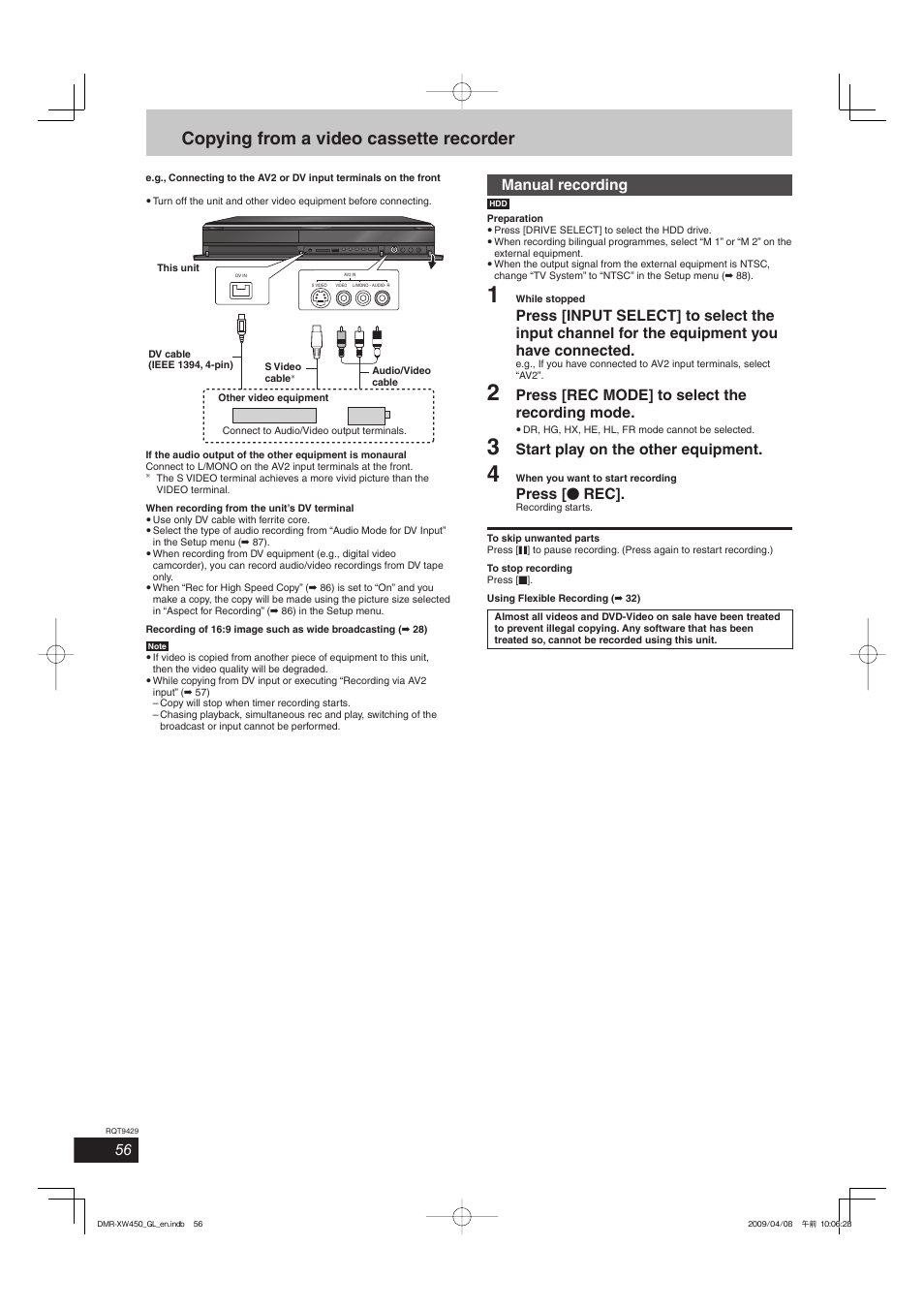 Copying from a video cassette recorder, Manual recording, Press [rec mode] to select the recording mode | Start play on the other equipment, Press [ * rec | Panasonic DMR-XW350 User Manual | Page 56 / 120