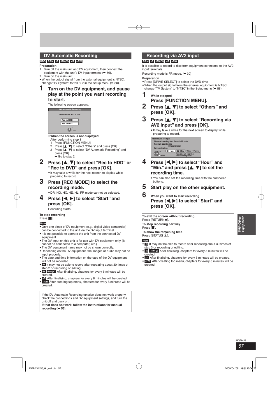 Dv automatic recording, Press [rec mode] to select the recording mode, Press [ w , q ] to select “start” and press [ok | Recording via av2 input, Press [function menu, Press [ e , r ] to select “others” and press [ok, Start play on the other equipment | Panasonic DMR-XW350 User Manual | Page 57 / 120