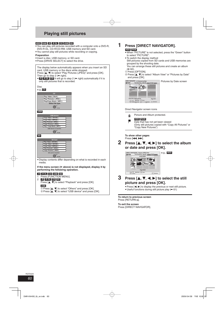 Playing still pictures, Press [direct navigator | Panasonic DMR-XW350 User Manual | Page 60 / 120