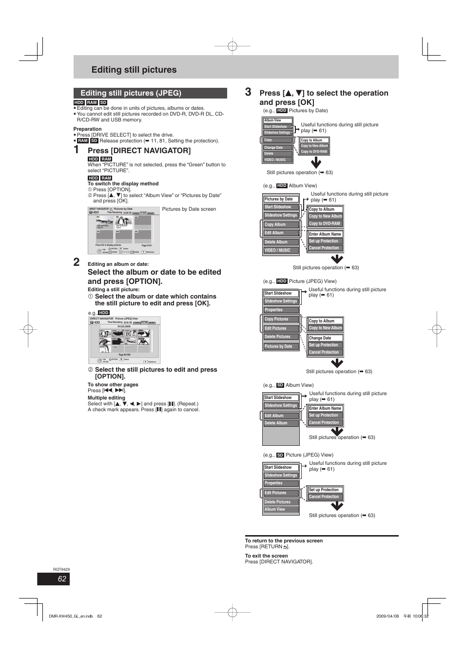 Editing still pictures, Editing still pictures (jpeg), Press [direct navigator | Panasonic DMR-XW350 User Manual | Page 62 / 120