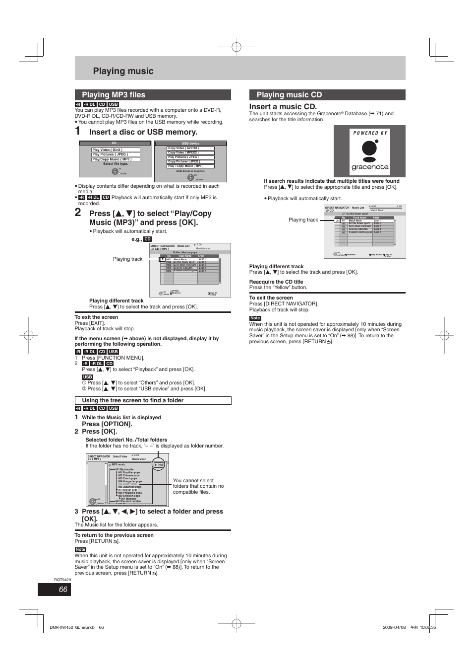 Playing music, Playing mp3 fi les, Playing music cd insert a music cd | Press [option]. 2 press [ok | Panasonic DMR-XW350 User Manual | Page 66 / 120