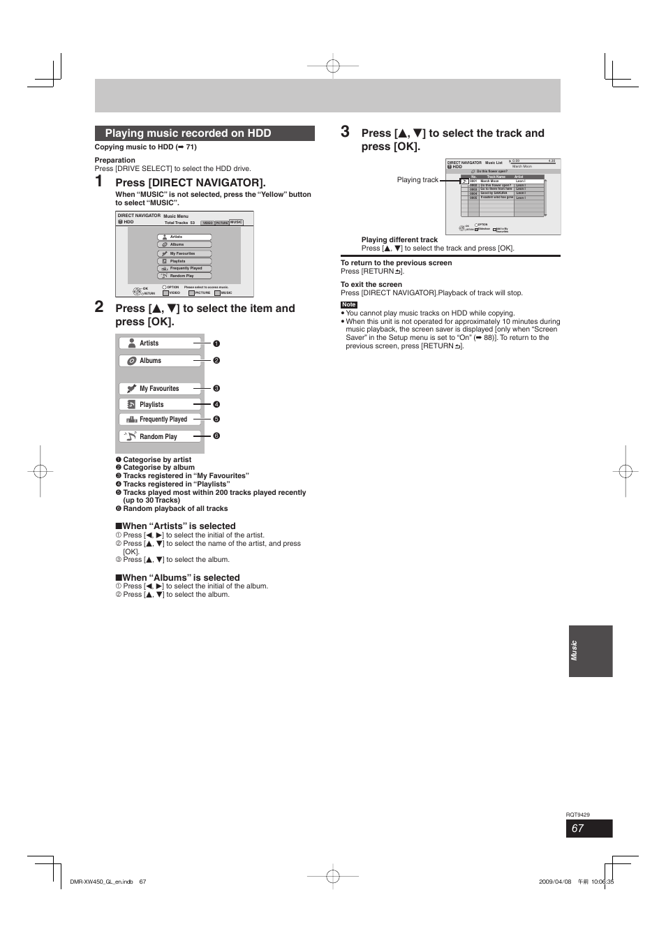 Playing music recorded on hdd, Press [direct navigator, Press [ e , r ] to select the item and press [ok | Press [ e , r ] to select the track and press [ok, When “artists” is selected, When “albums” is selected | Panasonic DMR-XW350 User Manual | Page 67 / 120