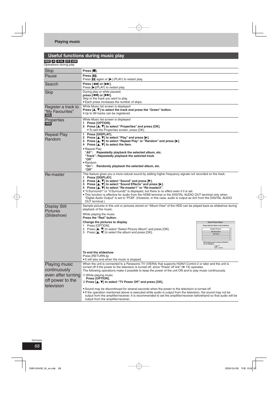 Useful functions during music play, Stop, Pause | Search, Skip, Register a track to “my favourites, Properties, Repeat play random, Re-master, Display still pictures (slideshow) | Panasonic DMR-XW350 User Manual | Page 68 / 120