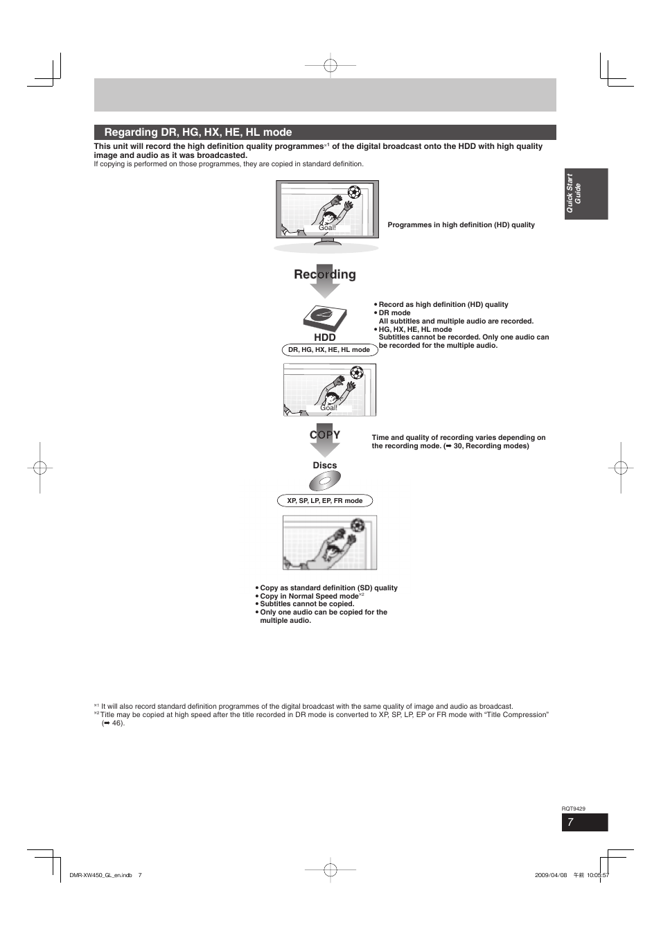 Recording, Regarding dr, hg, hx, he, hl mode, Copy | Panasonic DMR-XW350 User Manual | Page 7 / 120