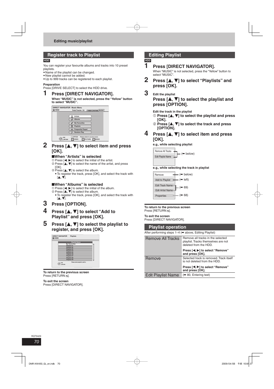 Register track to playlist, Press [direct navigator, Press [ e , r ] to select item and press [ok | Press [option, Editing playlist, Playlist operation | Panasonic DMR-XW350 User Manual | Page 70 / 120